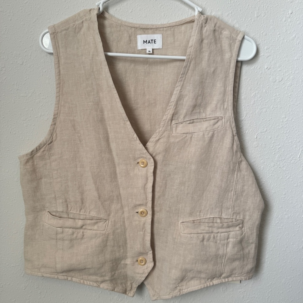 NWT Size XL Tan vneck Sleeveless Button Down Pockets Linen Vest - Mate the Label
